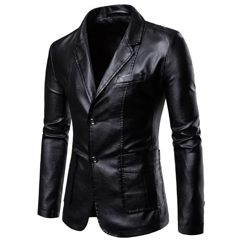 Storazone Black / Asian M 2023 Spring Autumn Fashion New Men's Lapel Leather Dress Suit Coat / Male Business Casual Pu Blazers Jacket