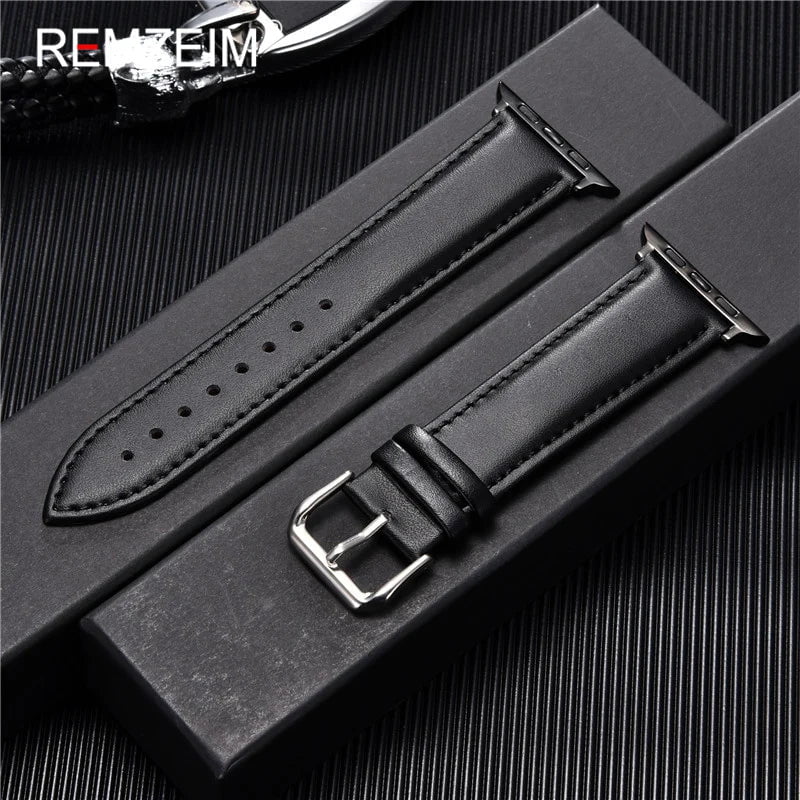 Storazone Black-B-B / 38mm or 40mm or 41mm Calfskin Genuine Leather Watchband 38mm 40mm 41mm for iwatch 8 7 6 5 4 3 SE Replace Wrist Strap 42mm 44mm 45mm for Apple Watch