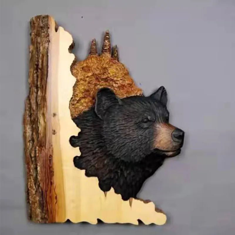 Storazone Black bear Animal Carving Handcraft Wall Hanging Sculpture Wood Raccoon Bear Deer Hand Painted Decoration for Home Living Room Dropshipping