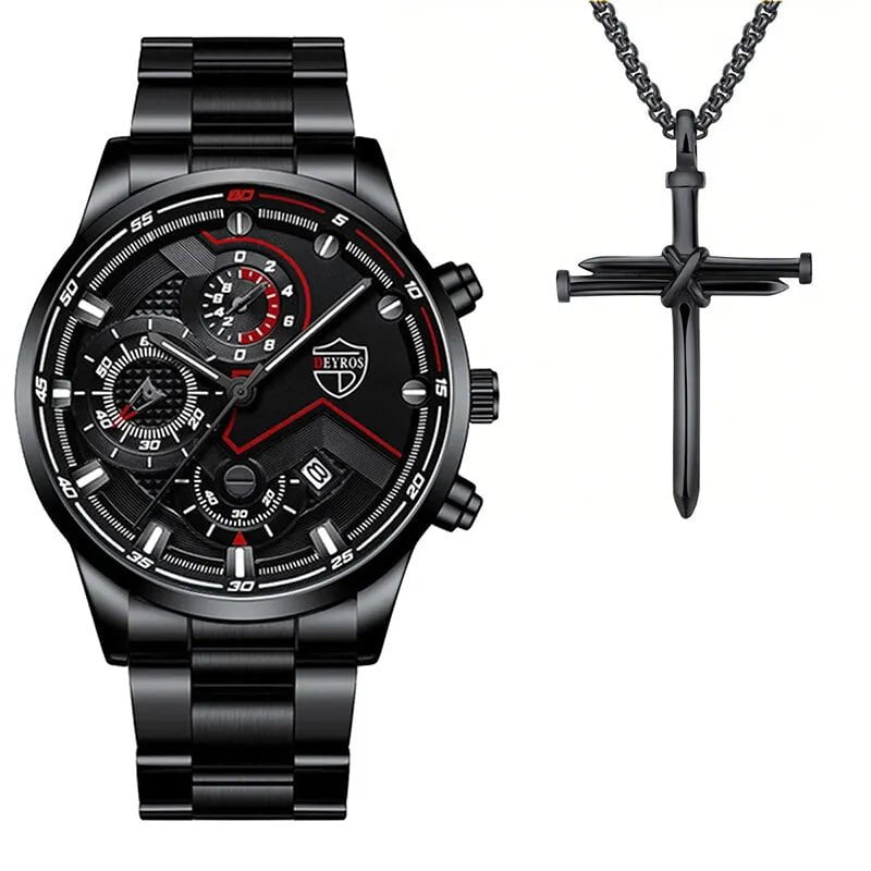 Storazone Black Black 2PCS Fashion Mens Necklace Watches Set Men Business Calendar Stainless Steel Quartz Watch Male Casual Sports Wristwatch