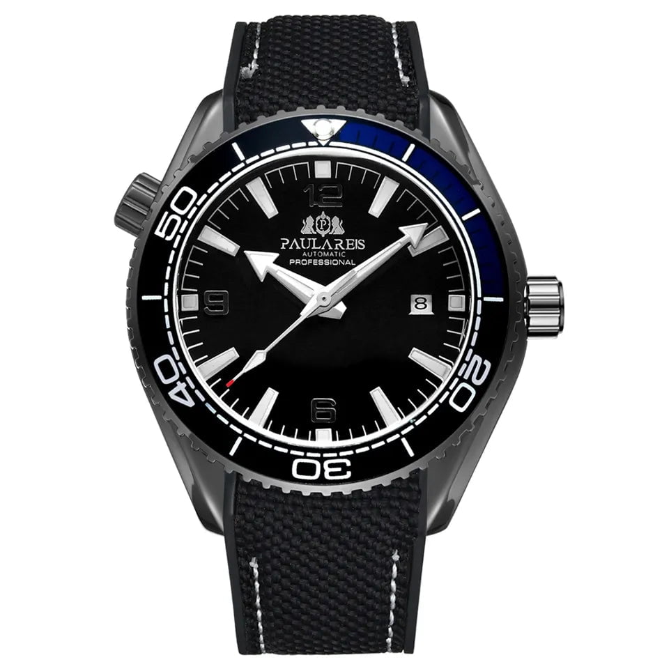 Storazone Black Black Men Automatic Self Wind Mechanical Canvas Rubber Strap Orange Blue Red Luxury Watch