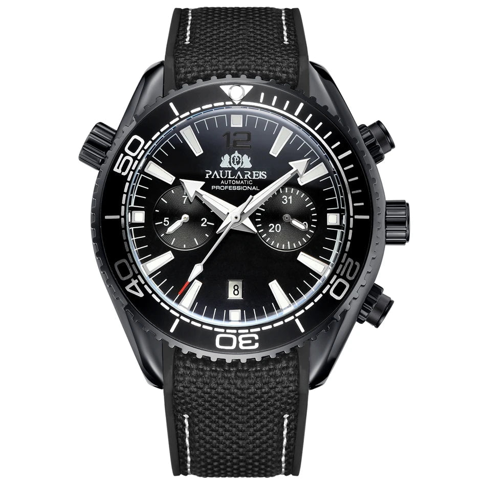 Storazone Black Black Men Automatic Self Wind Mechanical Canvas Rubber Strap Orange Blue Red Multifunction Date Month Watch