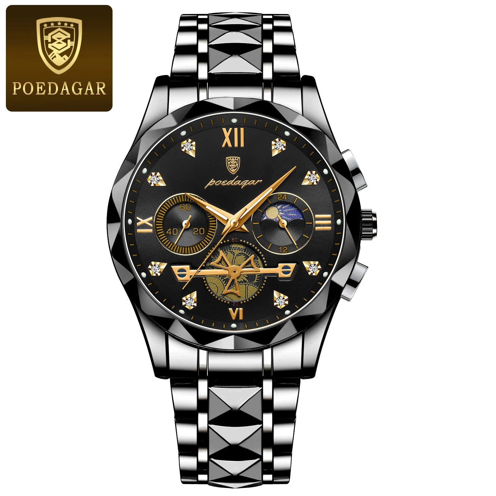 Storazone Black Black POEDAGAR Luxury Man Wristwatch Waterproof Luminous Chronograph Watch for Men Stainless Steel Men's Quartz Watches reloj hombre