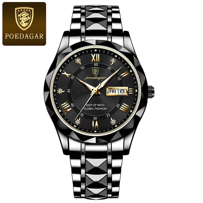 Storazone Black Black POEDAGAR Men Luxury Watches Stainless Steel Quartz Wrsitwatches Male Auto Date Clock with Luminous New Design Business Hands+box