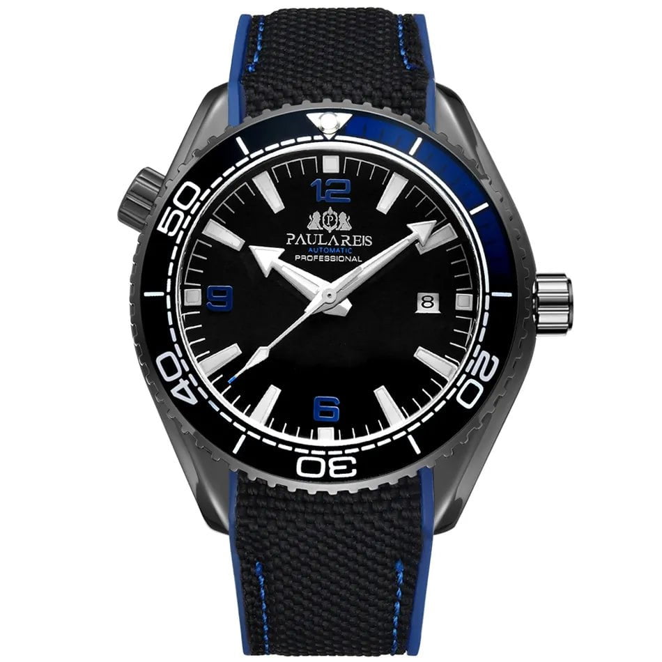 Storazone Black Blue Black Men Automatic Self Wind Mechanical Canvas Rubber Strap Orange Blue Red Luxury Watch