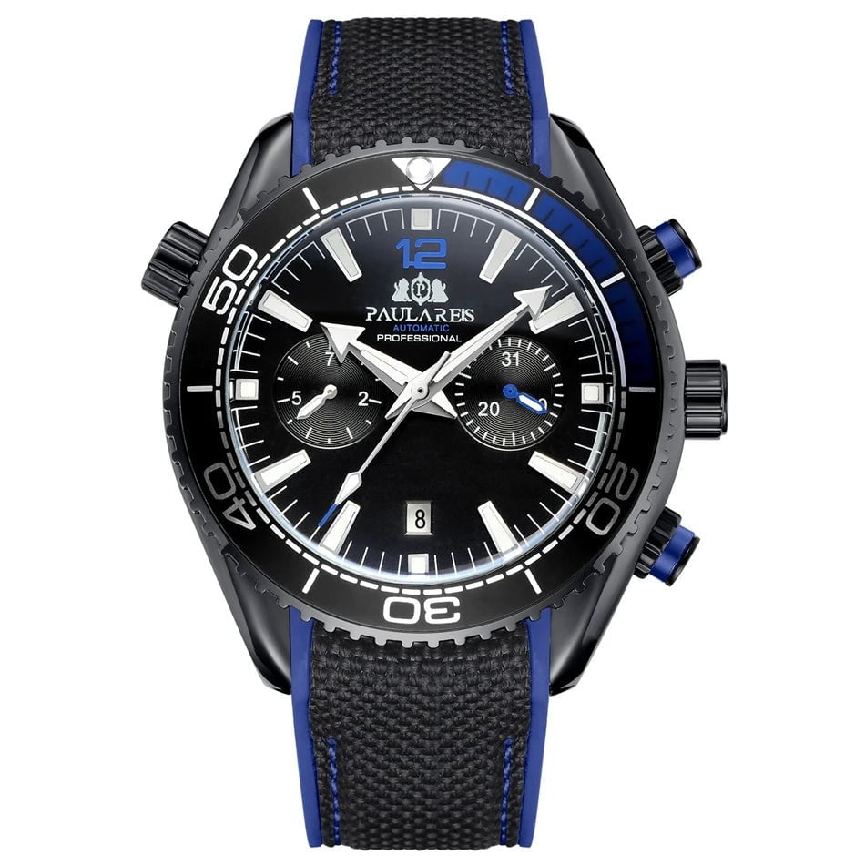 Storazone Black Blue Black Men Automatic Self Wind Mechanical Canvas Rubber Strap Orange Blue Red Multifunction Date Month Watch