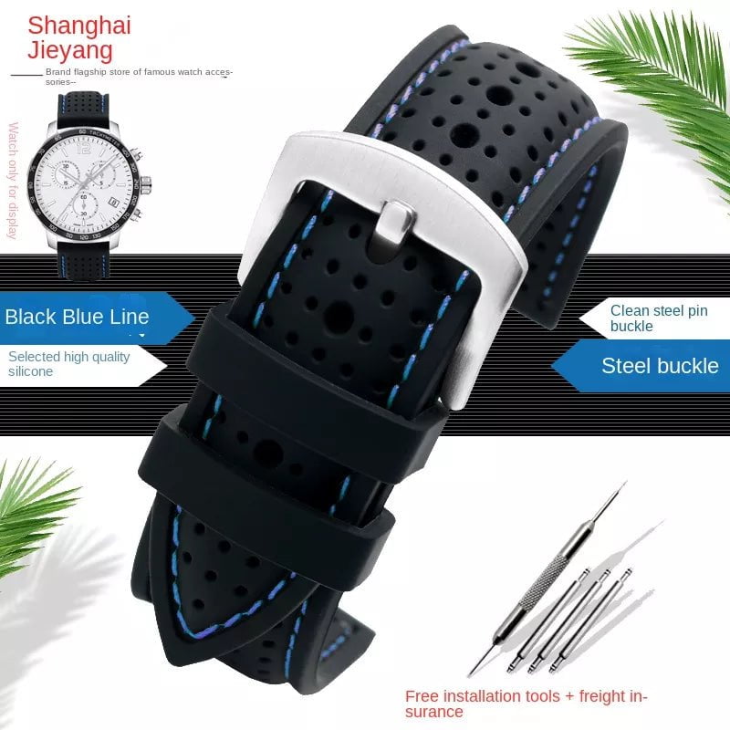 Storazone Black Blue silver / 19mm / China New Breathable Silicone Sports watchBand 18mm 20mm 22mm 24mm For any watch rubber Wrist strap Soft waterproof men's Accessories