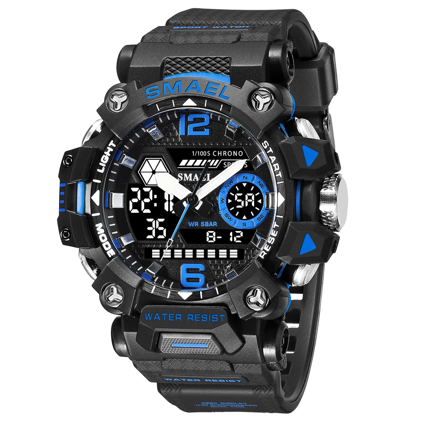 Storazone Black Blue SMAEL Dual Display Men Watches Waterproof Sports Watch Military Man Alarm Stopwatch Quartz Wristwatch Male Digital Clock 8072