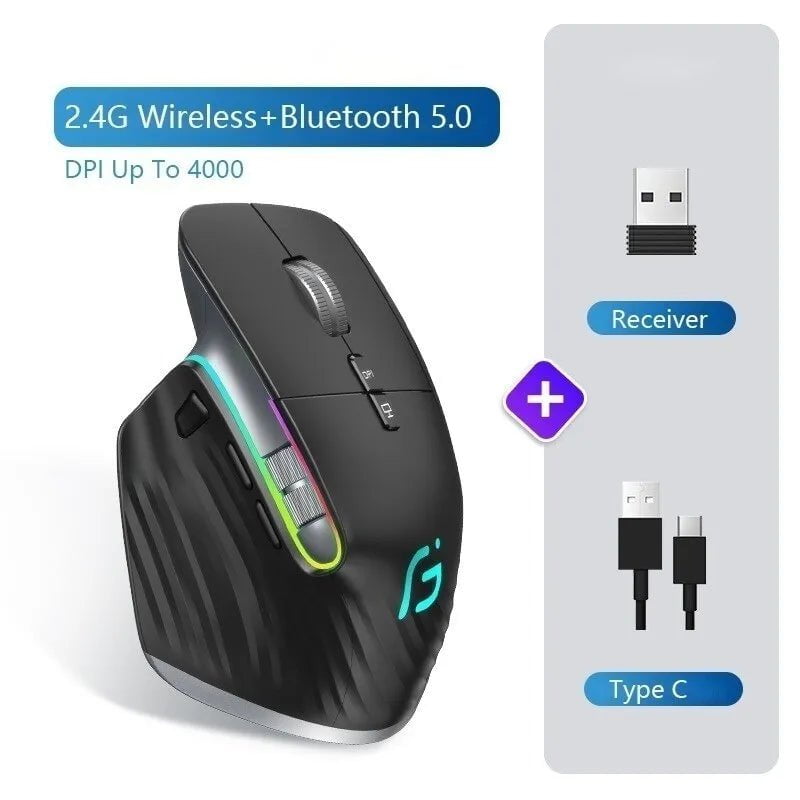 Storazone Black Bluetooth +2.4G Wireless Mouse Rechargeable 12 Colors RGB LED Gaming Mouse Ergonomic Mice for Gamer Computer Laptop iPad