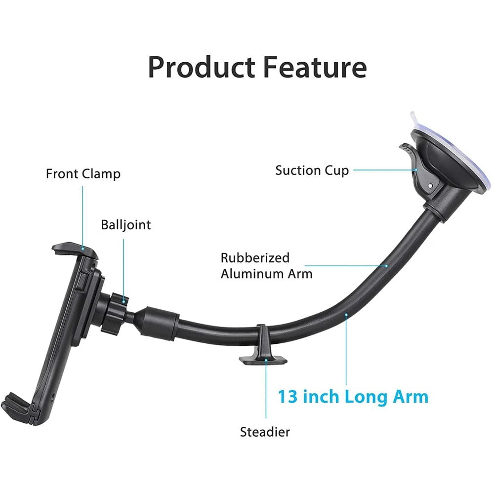 Storazone black Car Tablet Holder Long Arm Suction Cup Mount for iPad Pro Air 4-13'' Xiaomi Tablet SUV Truck Vehicle Lift Uber Windshield Window