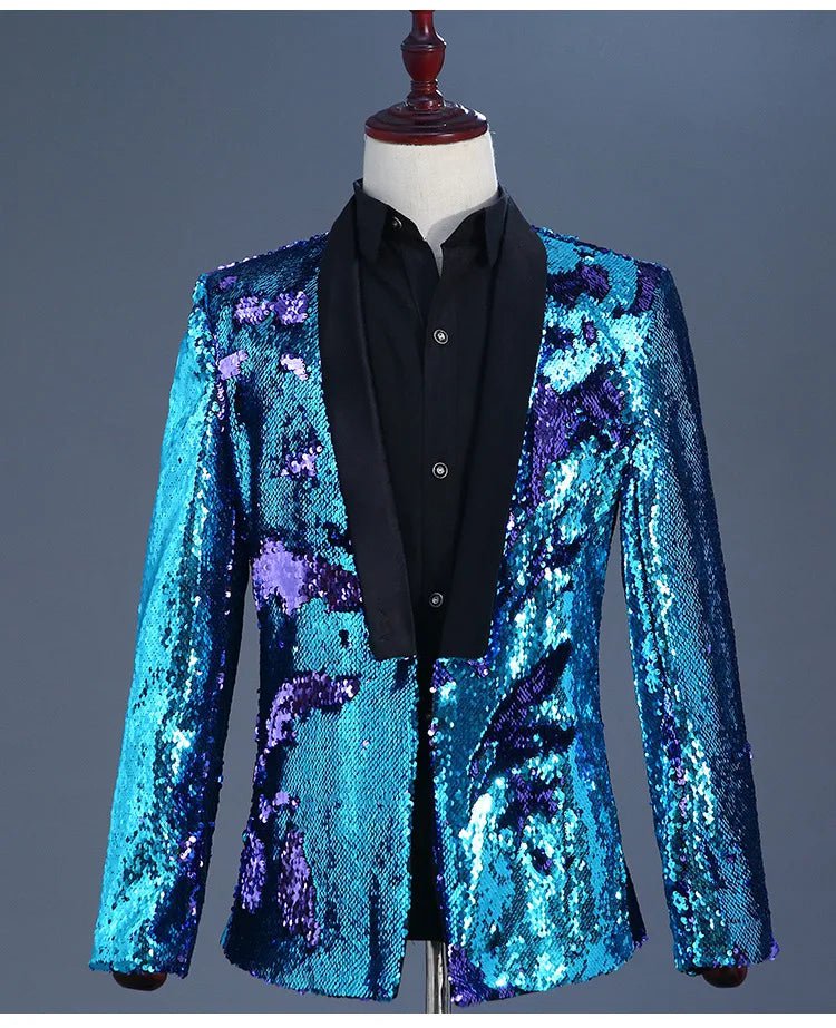 Storazone Black Collar Blue / Asian L Luxury Royal Blue Sequin Dress Blazer Men Nightclub Stage Shawl Collar Mens Suit Jacket Wedding Party Stage Blazer Masculino 2XL