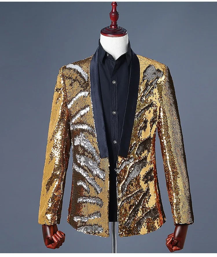 Storazone Black Collar Gold / Asian M Luxury Royal Blue Sequin Dress Blazer Men Nightclub Stage Shawl Collar Mens Suit Jacket Wedding Party Stage Blazer Masculino 2XL