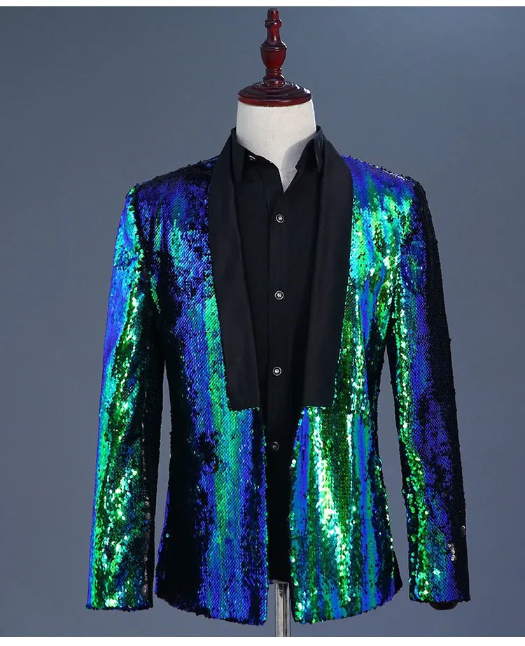 Storazone Black Collar Green / Asian XXXL Luxury Royal Blue Sequin Dress Blazer Men Nightclub Stage Shawl Collar Mens Suit Jacket Wedding Party Stage Blazer Masculino 2XL