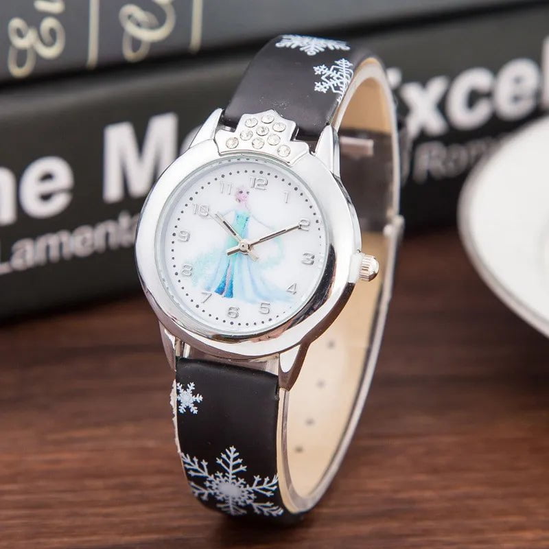 Storazone black Elsa Watch Girls Elsa Princess Kids Watches Leather Strap Cute Children's Cartoon Wristwatches Gifts for Kids Girl Frozen Clock