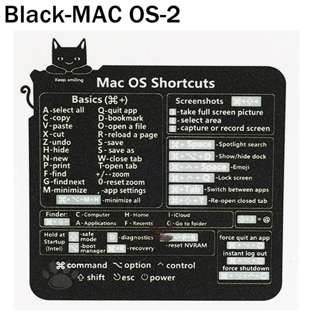 Storazone Black For MAC OS-2 Reference Keyboard Shortcut Stickers Adhesive For PC Laptop Desktop Short Cut Sticker for Apple Mac Chromebook Window Photoshop