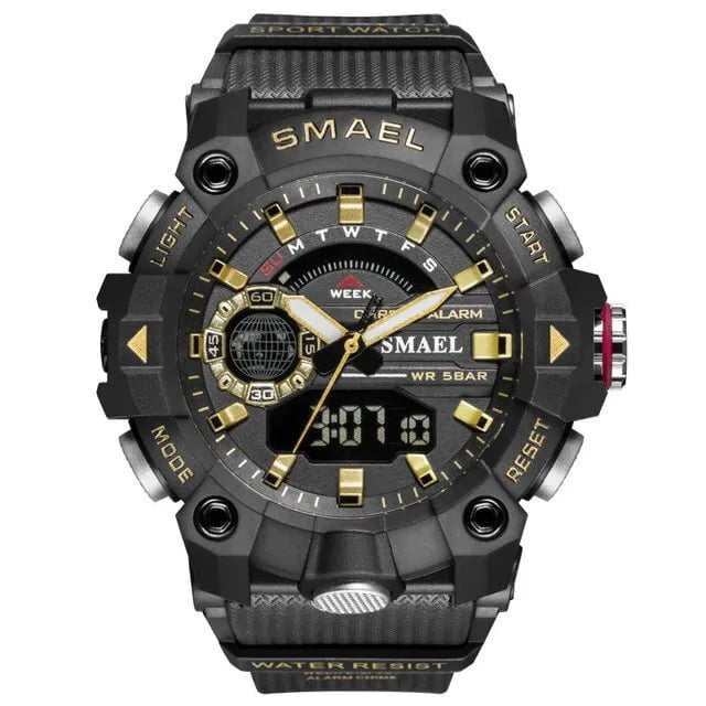 Storazone Black Gold SMAEL Fashion Sport Watches Men Shock Resistant 50M Waterproof Wristwatch LED Alarm Stopwatch Clock Military 8040 Men Watch