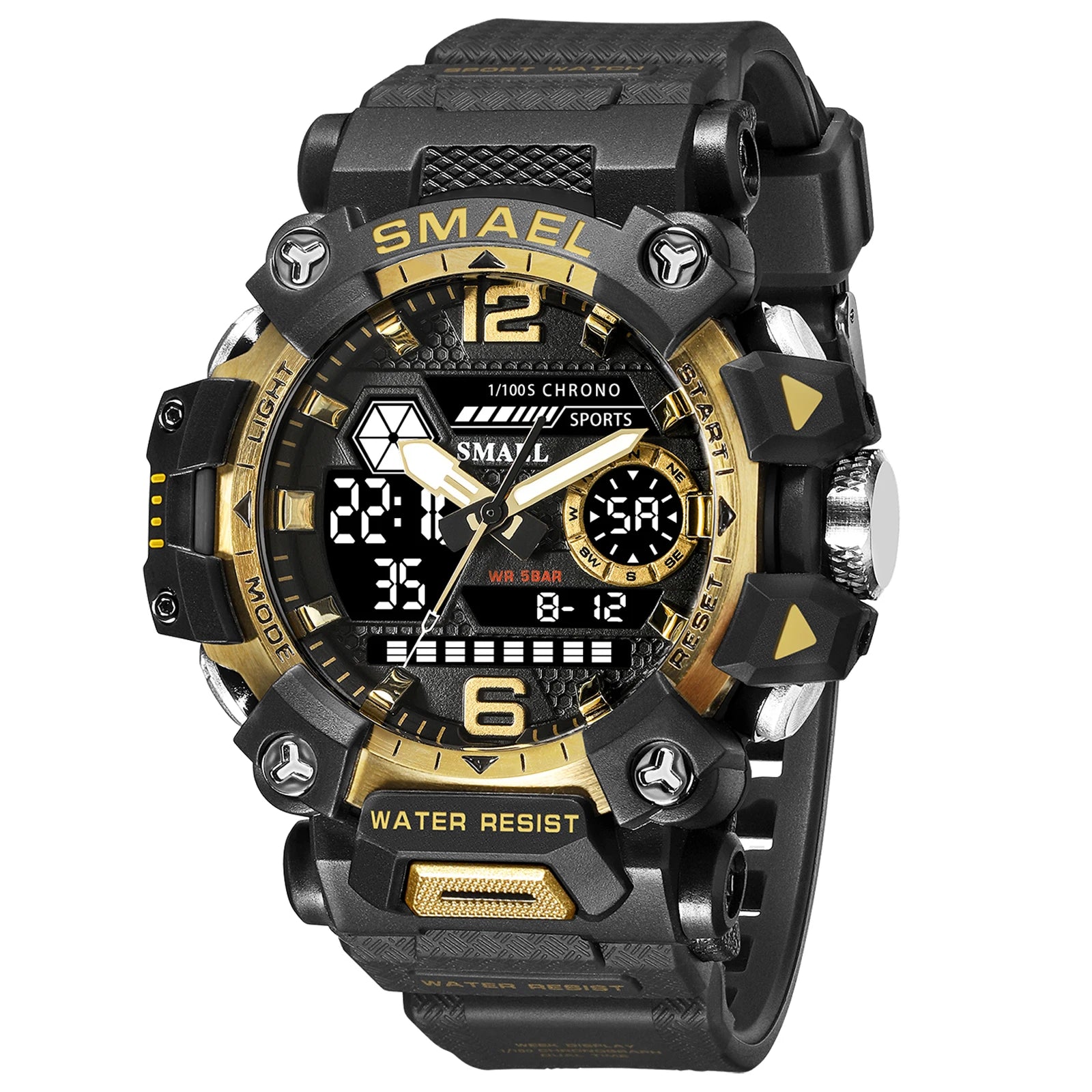 Storazone Black Golden SMAEL Dual Display Men Watches Waterproof Sports Watch Military Man Alarm Stopwatch Quartz Wristwatch Male Digital Clock 8072