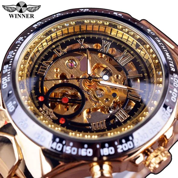 Storazone Black Golden Winner Mechanical Sport Design Bezel Fashion Watch Mens Watches Top Brand Luxury Montre Homme Clock Men Automatic Skeleton Watch