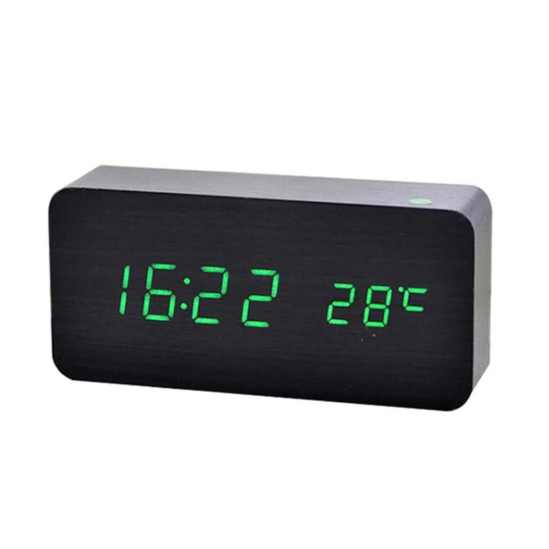 Storazone Black Green-LED Wooden Digital Alarm Clock, LED Alarm Clock with Temperature Desk Clocks for Office,Bedside Clock