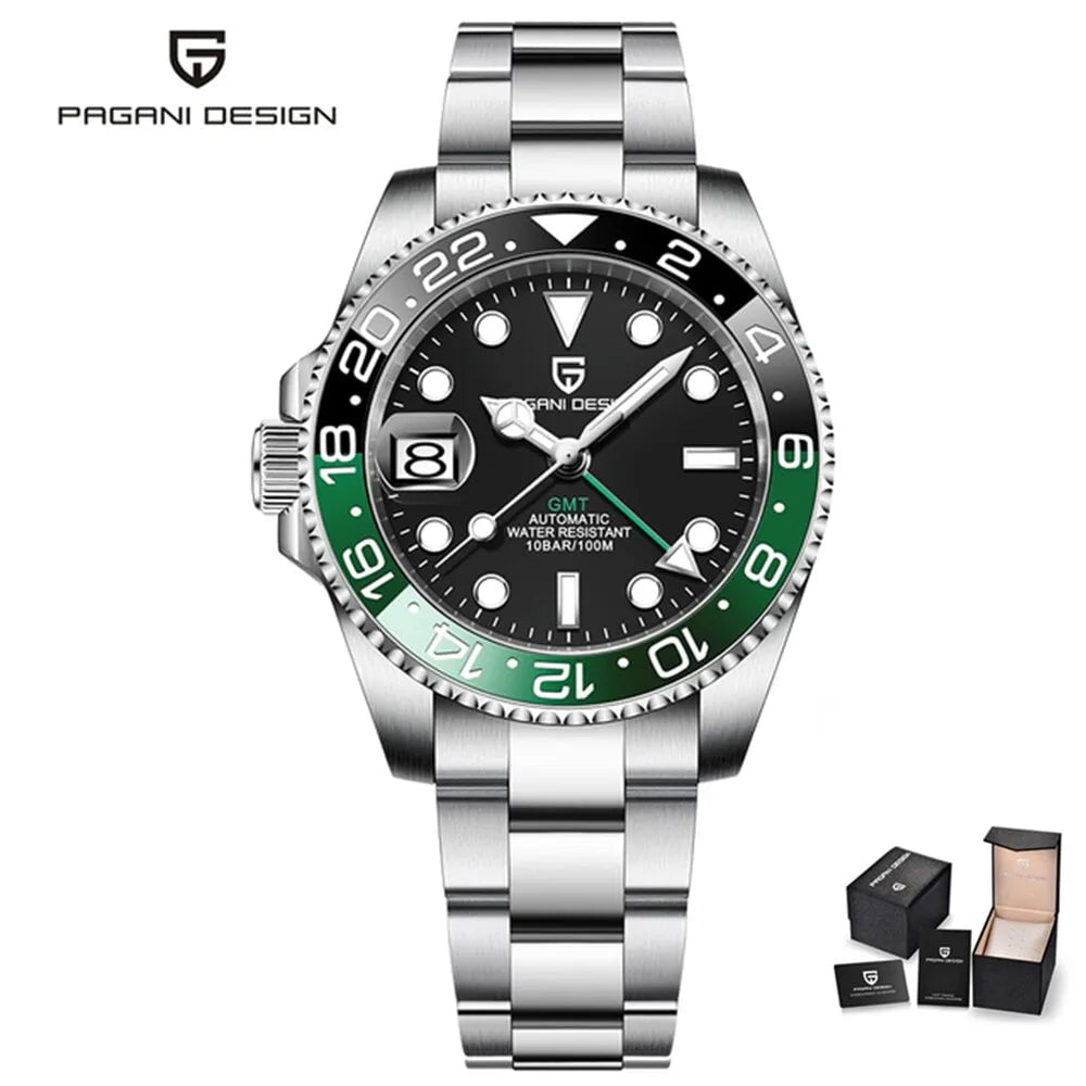 Storazone black green PAGANI DESIGN PD-1662 Luxury GMT Men Mechanical Wristwatch Sapphire Glass Stainless Steel 100M Waterproof Automatic Watches