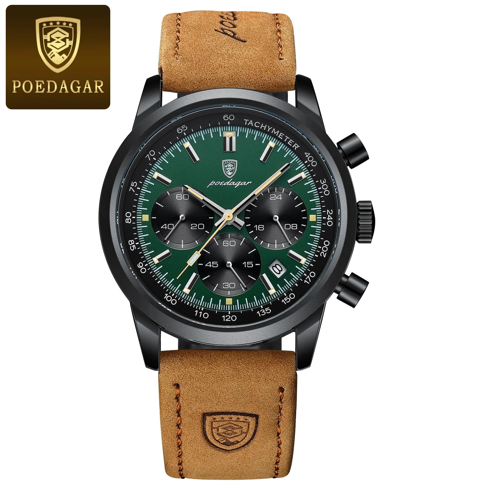 Storazone Black Green POEDAGAR Luxury Man Watch High Quality Waterproof Chronograph Luminous Men's Wristwatch Leather Men Quartz Watches Casual Clock