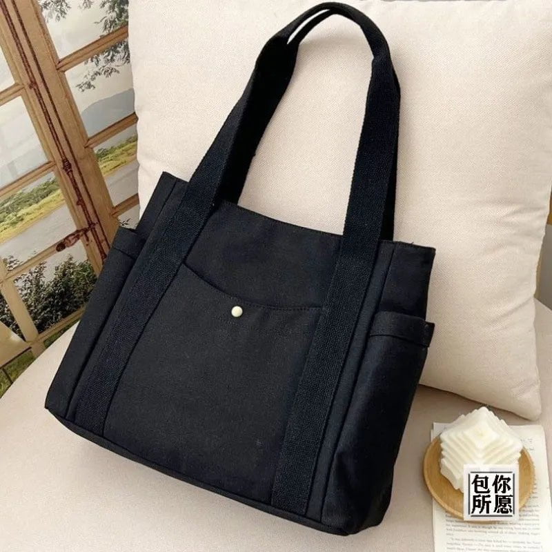 Storazone Black Large Capacity Canvas Tote Bags for Work Commuting Carrying Bag College Style Student Outfit Book Shoulder Bag