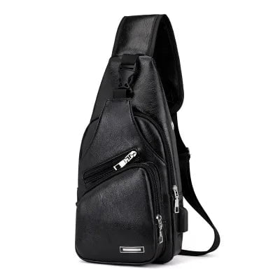 Storazone black Men's USB Chest Bag Designer Men Messenger Crossbody Package PU Leather Shoulder Bags Package Travel Chest Bag Bolso Hombre