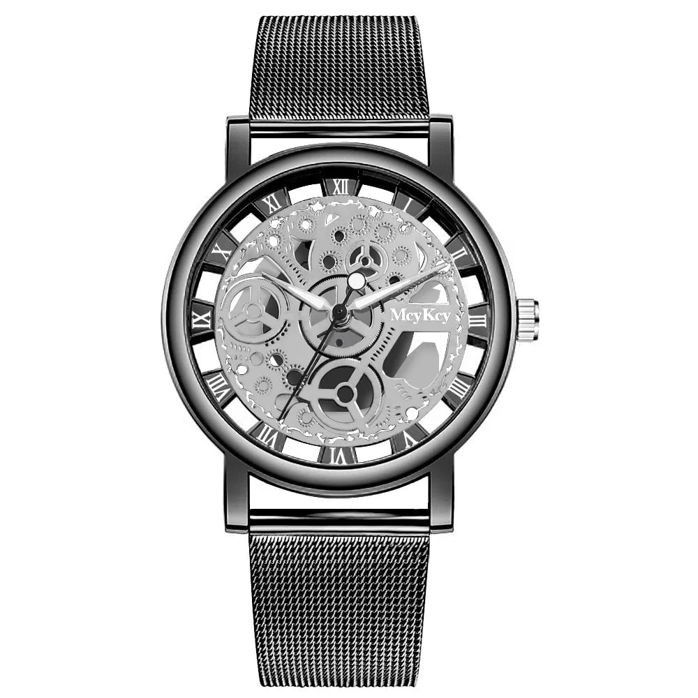 Storazone black New Fashion Top Women Hollow Skeleton Faux Mechanical Watch Ladies Metal Mesh Quartz Wrist Watches For Female Relogio Feminino