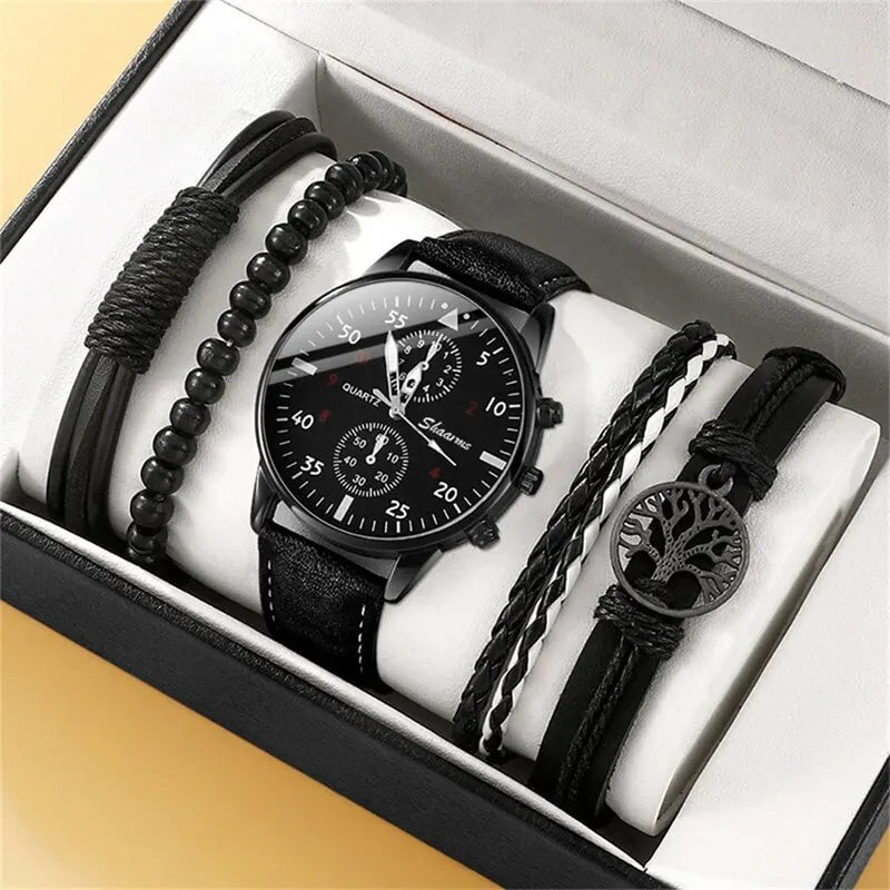 Storazone black New Men Watch Luxury Bracelet Set Fashion Business Brown Leather Quartz Wrist Watches for Men Gift Set Relogio Masculino