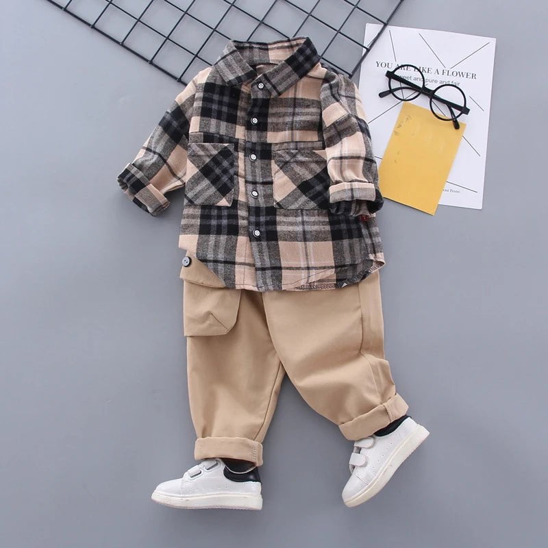 Storazone Black no shoes / CHINA / 18M Toddler Boys Clothes Autumn Winter Kids Plaid Sets Turn-Down Shirt+Pant with Bag 2pcs Outfit Children Clothing Suit For Boy