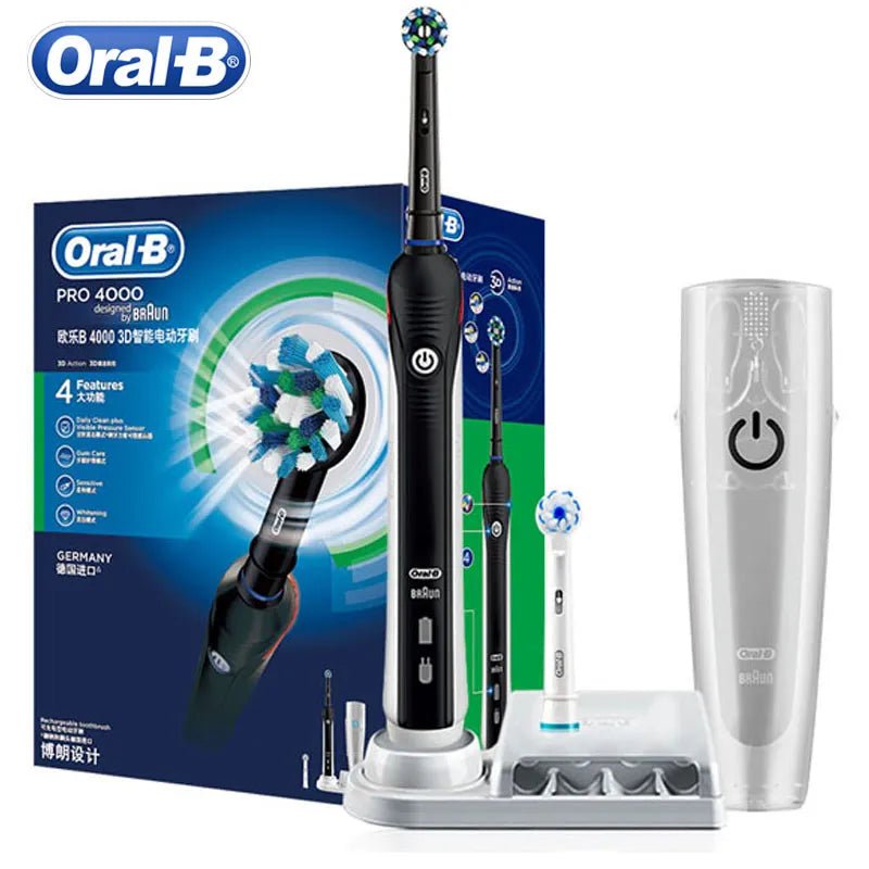 Storazone Black Oral B Electric Toothbrush Pro 4000 3D Action Daily Clean Teeth Visible Pressure Sensor 4 Modes Gum Cares Waterproof Rechargeabl