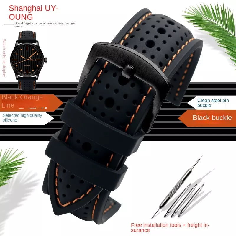 Storazone Black Orange Black / 19mm / China New Breathable Silicone Sports watchBand 18mm 20mm 22mm 24mm For any watch rubber Wrist strap Soft waterproof men's Accessories