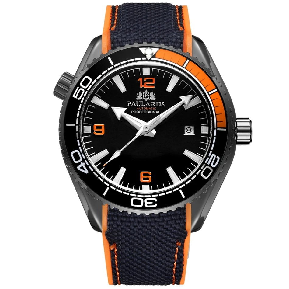 Storazone Black Orange Black Men Automatic Self Wind Mechanical Canvas Rubber Strap Orange Blue Red Luxury Watch