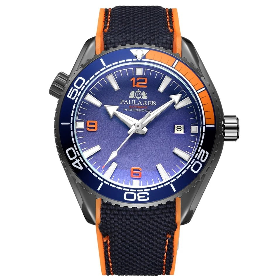 Storazone Black Orange Blue Men Automatic Self Wind Mechanical Canvas Rubber Strap Orange Blue Red Luxury Watch