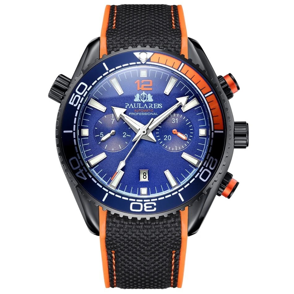 Storazone Black Orange Blue Men Automatic Self Wind Mechanical Canvas Rubber Strap Orange Blue Red Multifunction Date Month Watch