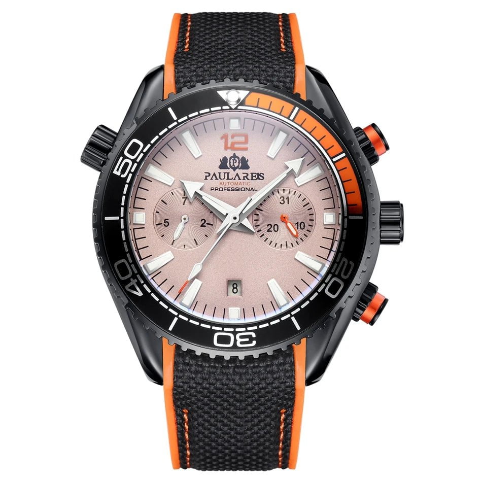 Storazone Black  Orange Grey Men Automatic Self Wind Mechanical Canvas Rubber Strap Orange Blue Red Multifunction Date Month Watch