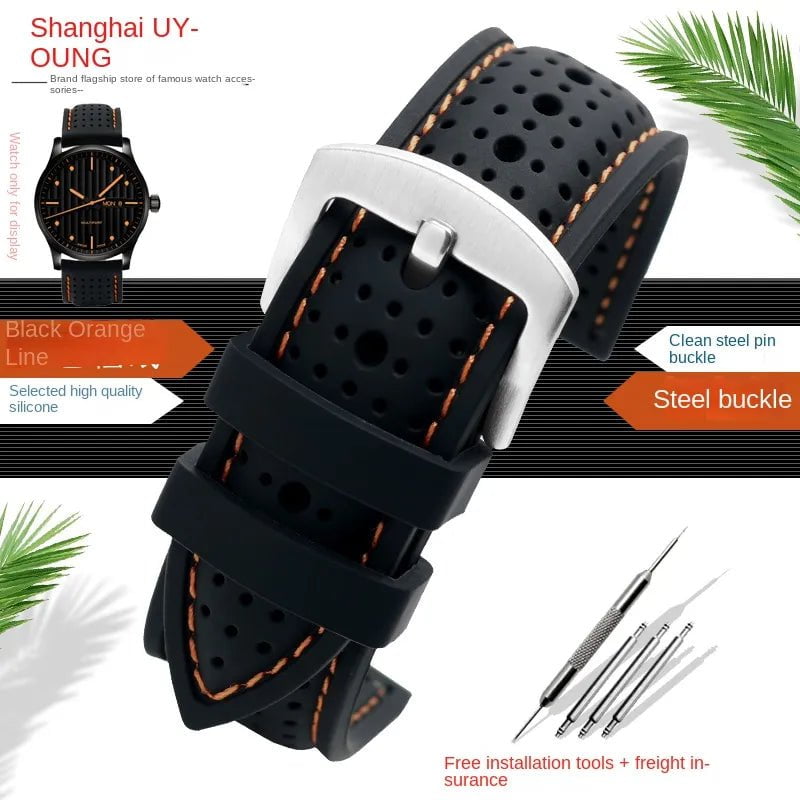 Storazone Black Orange silver / 19mm / China New Breathable Silicone Sports watchBand 18mm 20mm 22mm 24mm For any watch rubber Wrist strap Soft waterproof men's Accessories