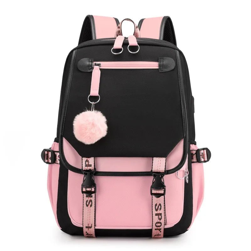 Storazone Black Pink Fengdong large school bags for teenage girls USB port canvas schoolbag student book bag fashion black pink teen school backpack