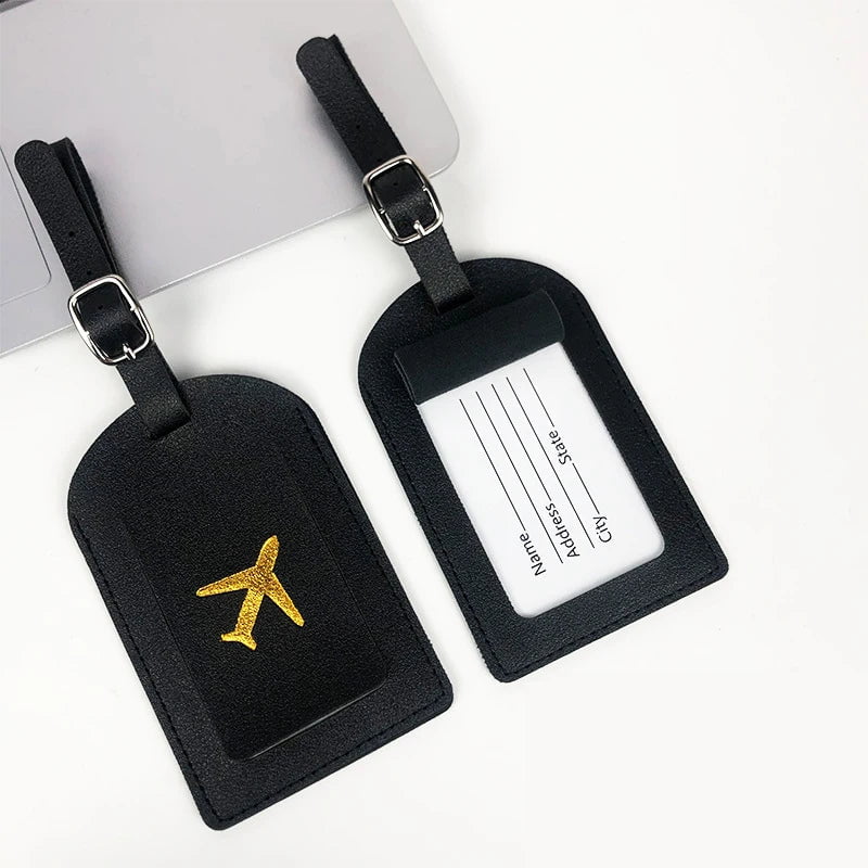 Storazone Black Portable 1PC PU Leather Luggage Tag Suitcase Identifier Label Baggage Boarding Bag Tag Name ID Address Holder Travel Accessories