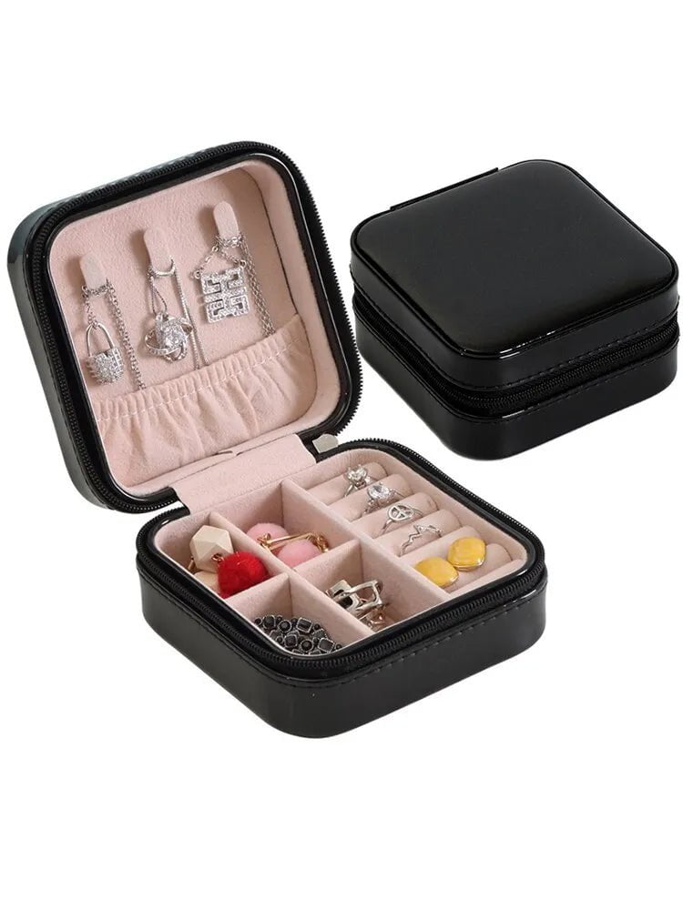 Storazone Black Portable Zipper Jewelry Box Necklace Ring Storage Beads Korean Style Stripe Pattern Hard Jewelry Box Jewlery Box