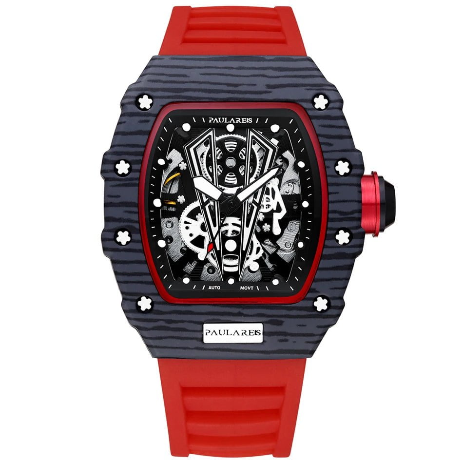 Storazone Black Red 1 Men Automatic Self Wind Skeleton Mechanical Red Black Rubber Strap Richard Fashion Tonneau Watch