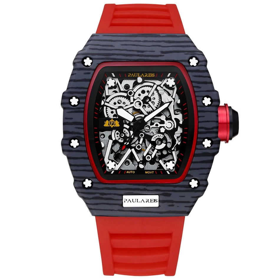 Storazone Black Red 2 Men Automatic Self Wind Skeleton Mechanical Red Black Rubber Strap Richard Fashion Tonneau Watch