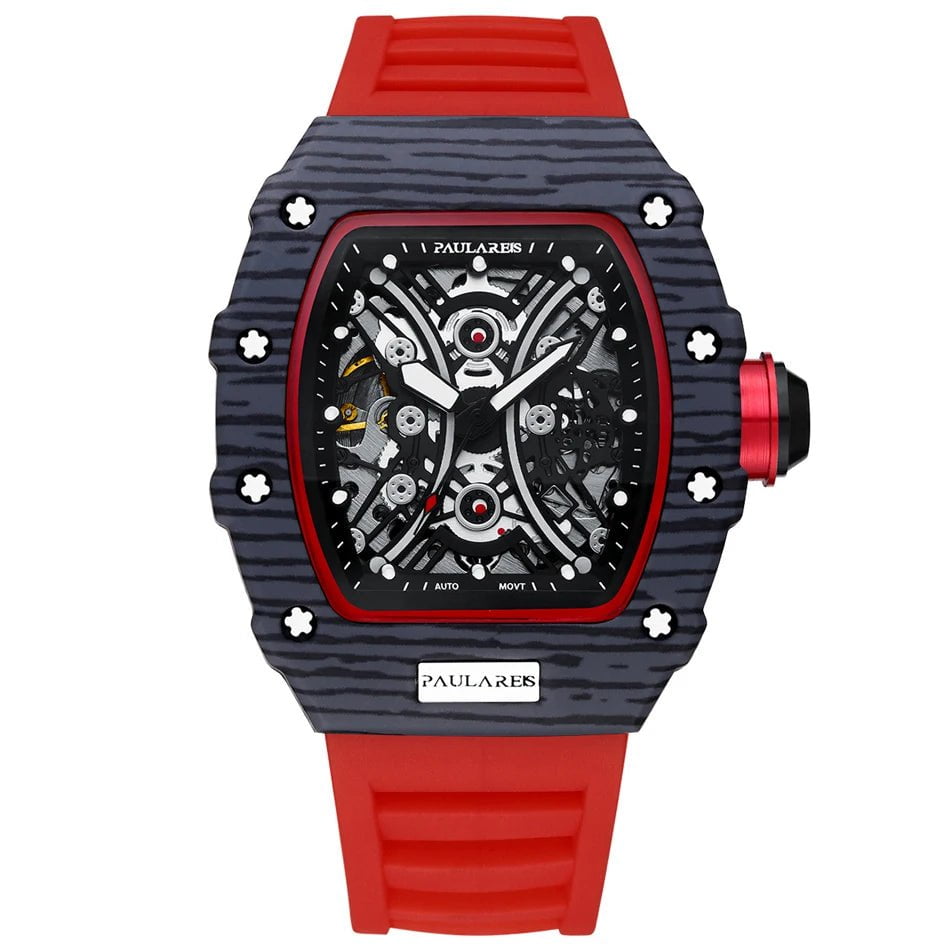 Storazone Black Red 3 Men Automatic Self Wind Skeleton Mechanical Red Black Rubber Strap Richard Fashion Tonneau Watch