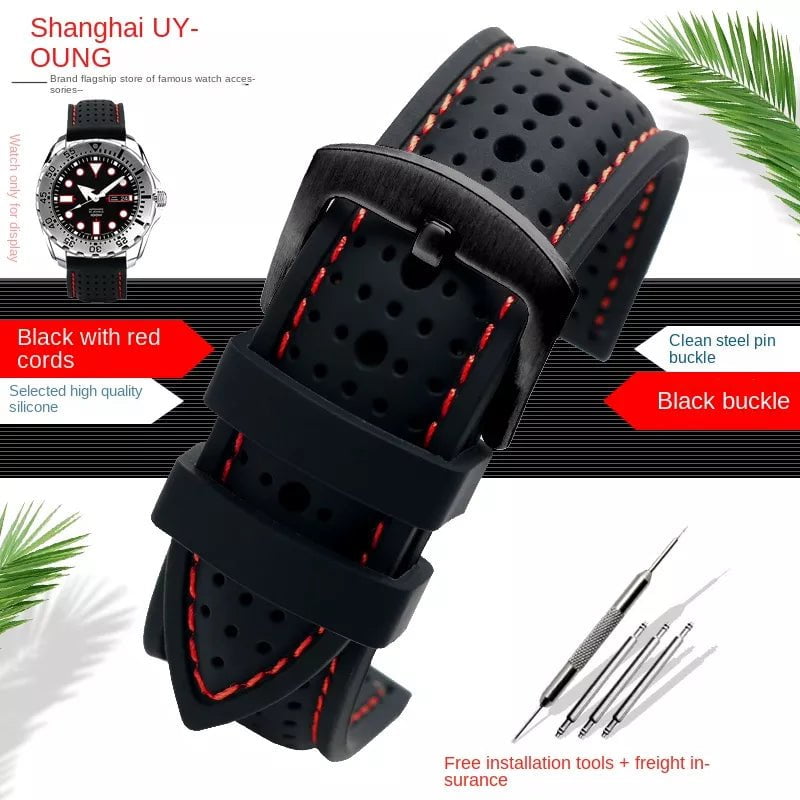 Storazone Black red Black / 19mm / China New Breathable Silicone Sports watchBand 18mm 20mm 22mm 24mm For any watch rubber Wrist strap Soft waterproof men's Accessories