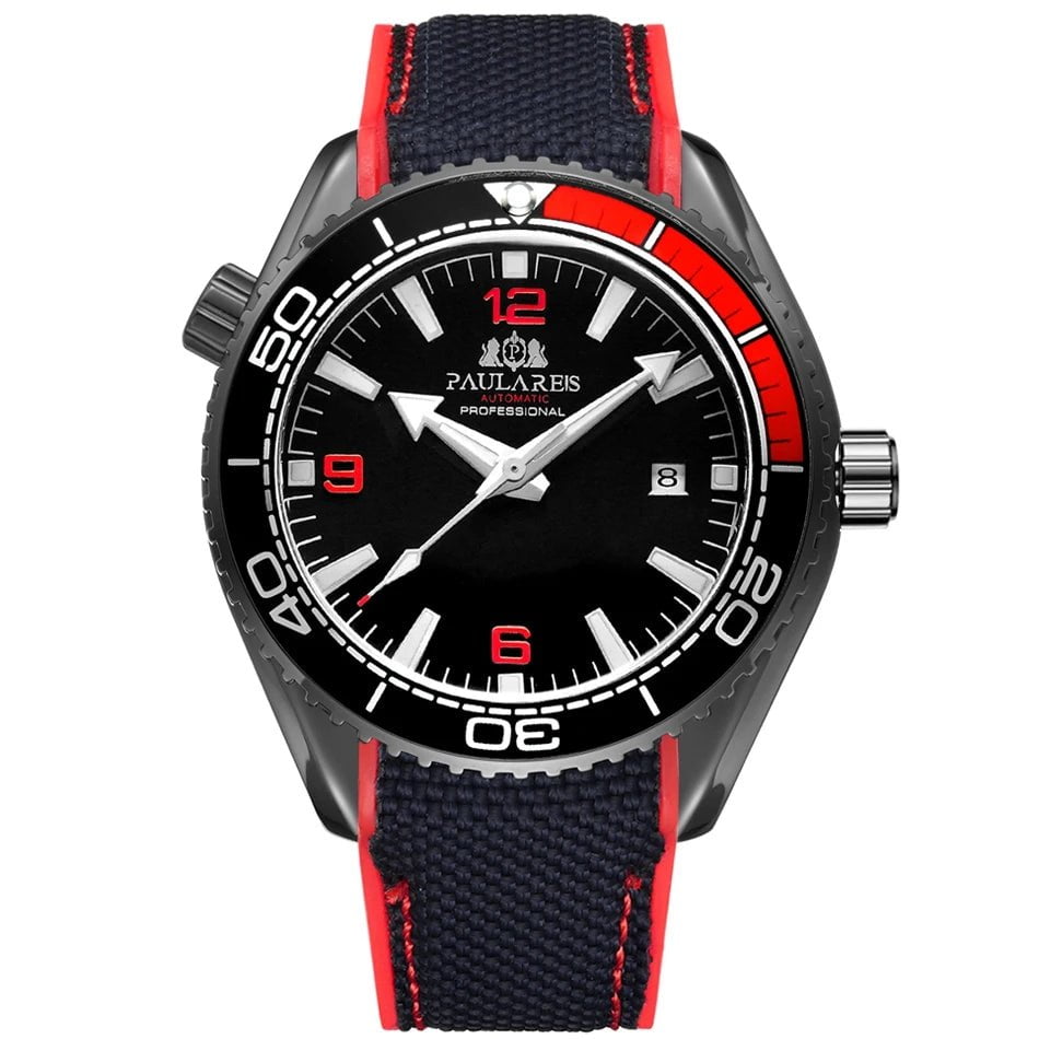Storazone Black Red Black Men Automatic Self Wind Mechanical Canvas Rubber Strap Orange Blue Red Luxury Watch
