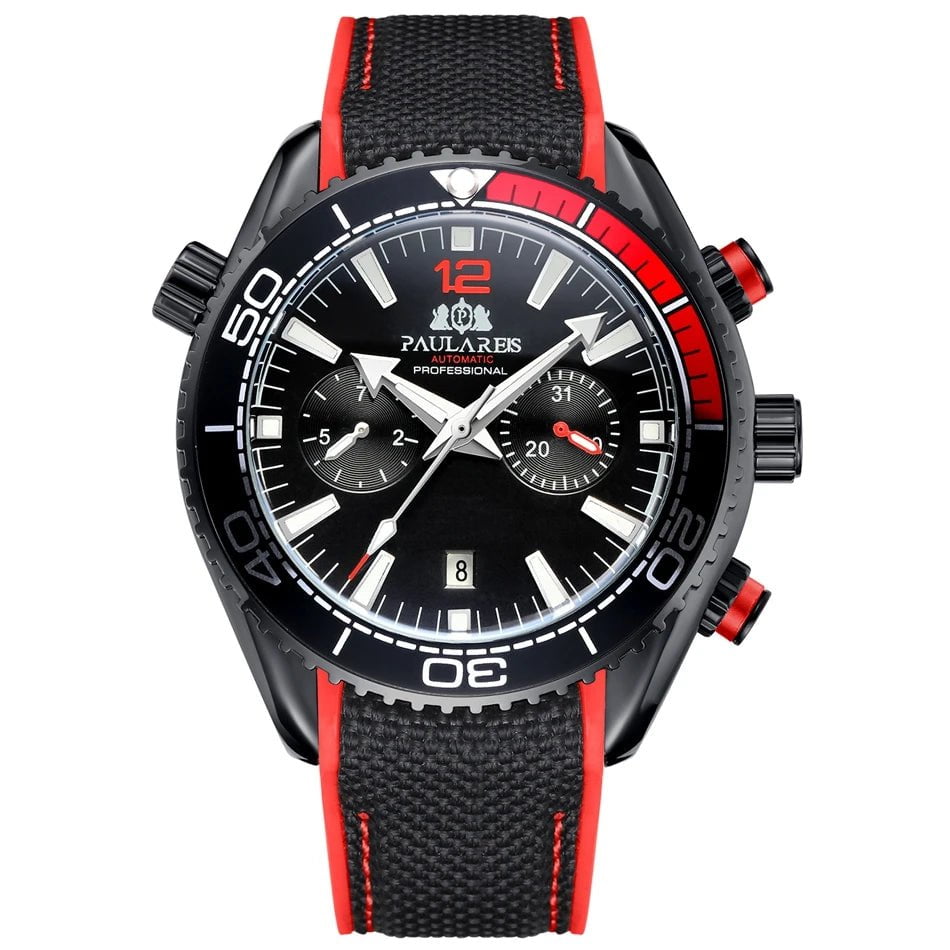 Storazone Black Red Black Men Automatic Self Wind Mechanical Canvas Rubber Strap Orange Blue Red Multifunction Date Month Watch