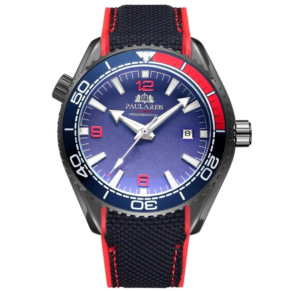 Storazone Black Red Blue Men Automatic Self Wind Mechanical Canvas Rubber Strap Orange Blue Red Luxury Watch
