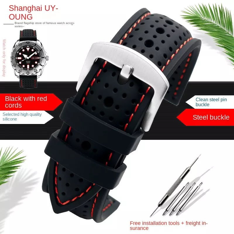 Storazone Black red silver / 19mm / China New Breathable Silicone Sports watchBand 18mm 20mm 22mm 24mm For any watch rubber Wrist strap Soft waterproof men's Accessories