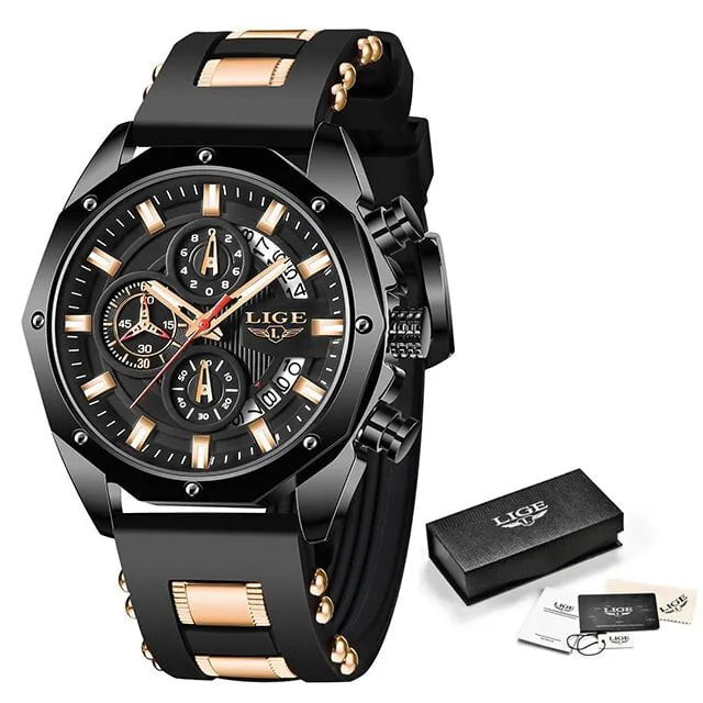 Storazone black rose gold LIGE Fashion Men Watches Top Brand Luxury Silicone Sport Watch Men Quartz Date Clock Waterproof Wristwatch Chronograph Clock Man