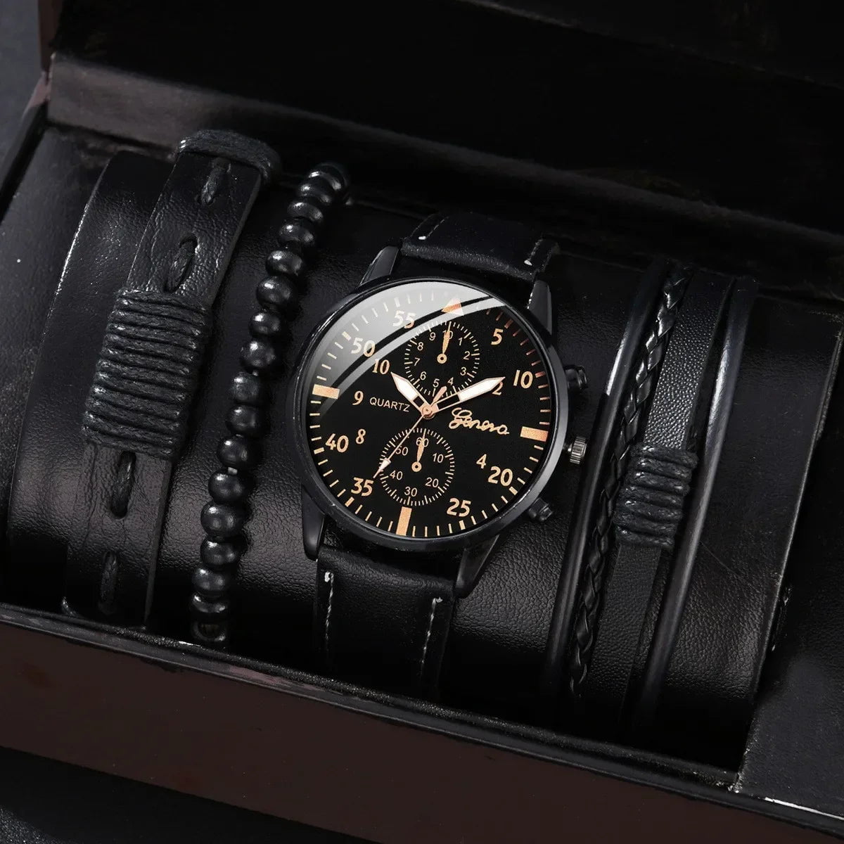 Storazone Black Rose Gold Sets 4/2/1pcs Men Sports Watches Set Man Business Quartz Wristwatch Luxury Brown Leather Bracelet Men Casual Clock Watch（no Box）